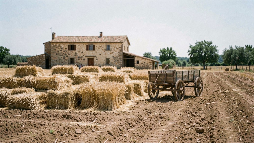 Era de tierra batida frente a la masía con la parva de trigo en montones iguales y un carro de ruedas altas esperando bajo el sol claro de julio