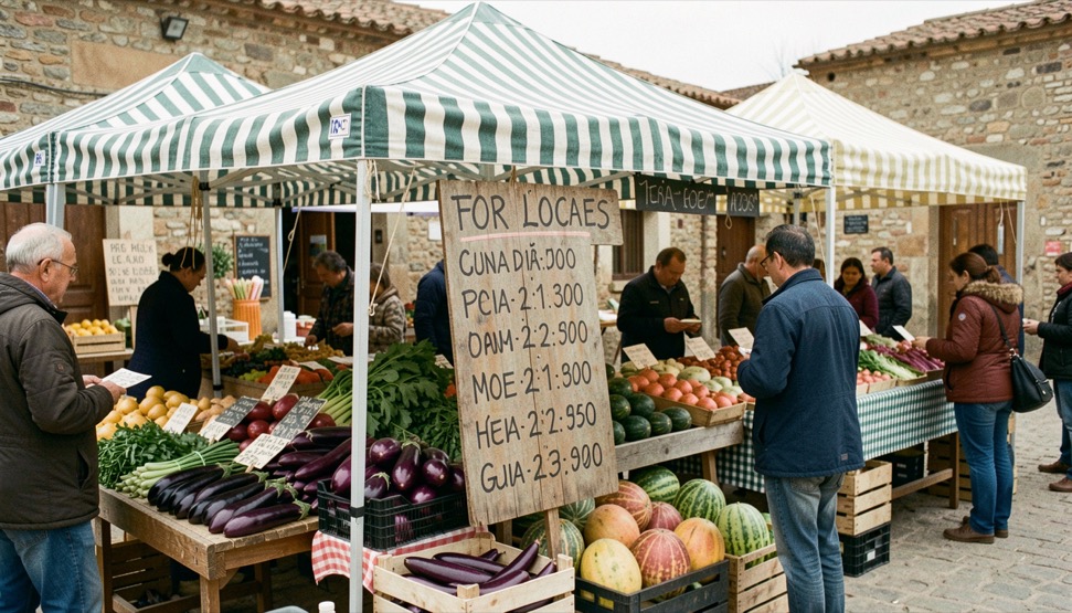 Feria de pueblo con tres puestos de productos locales bajo toldos de rayas, gente mirando berenjenas y melones y un cartel de madera con horario pintado a mano