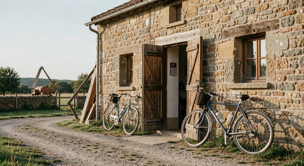 Casa rural de piedra con la puerta de madera abierta de par en par, bicicletas apoyadas en la fachada y sierra al fondo bajo un cielo limpio de mañana