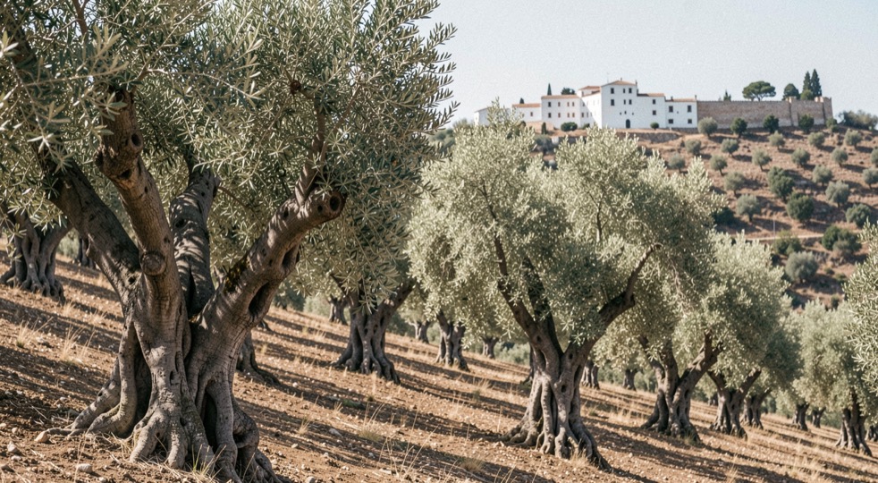 Mar de olivos centenarios en ladera con troncos retorcidos plateados al sol bajo, muro blanco del pueblo asomando en la loma del fondo