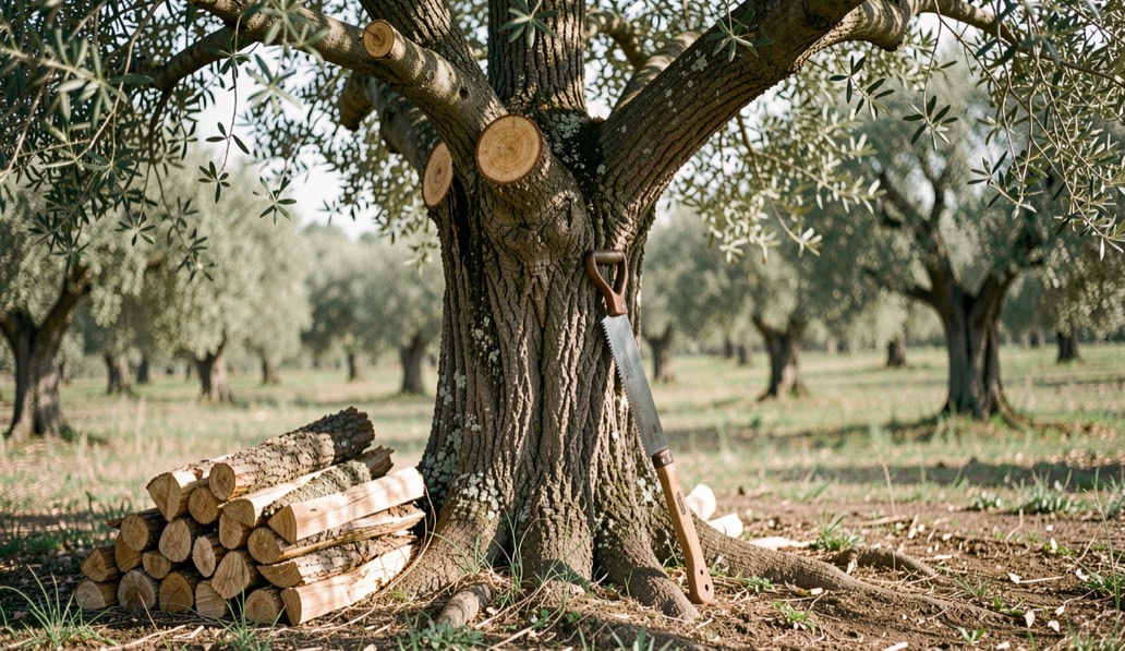 Olivo centenario recién podado con el corte de las ramas claras al sol, serrucho de mano apoyado en el tronco y leña fina apilada al pie del árbol