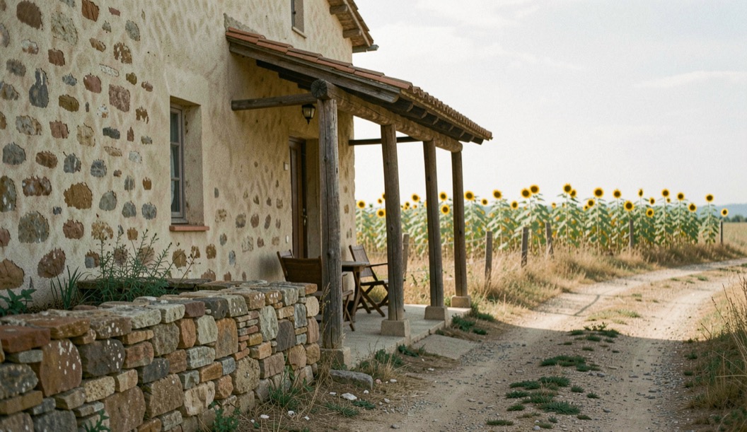 Masía encalada con porche de vigas de madera y pared de piedra al pie, girasoles ya secos al fondo y luz baja de agosto sobre el camino de tierra