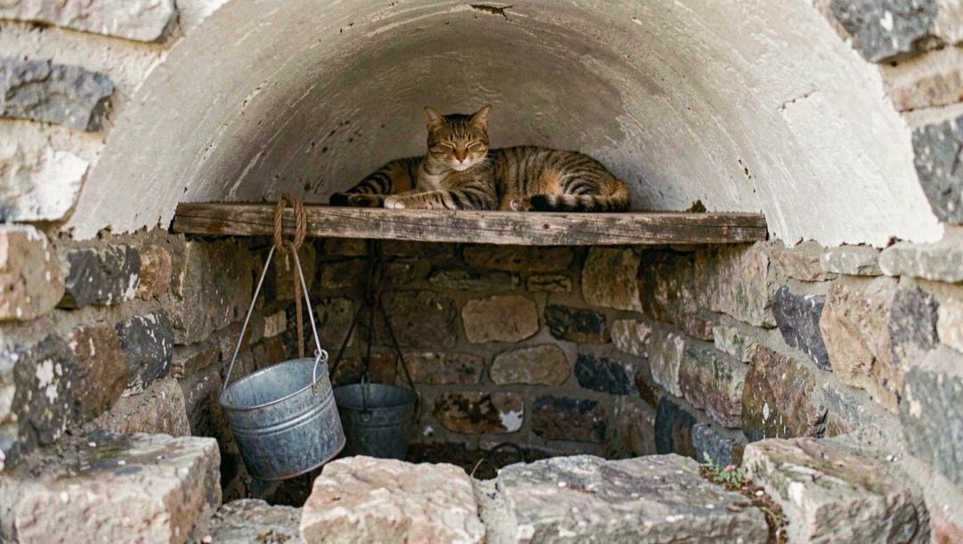 Brocal de pozo tradicional de piedra con polea de madera y cubo de zinc al lado, bóveda encalada encima y un gato dormido al sol sobre la tapa