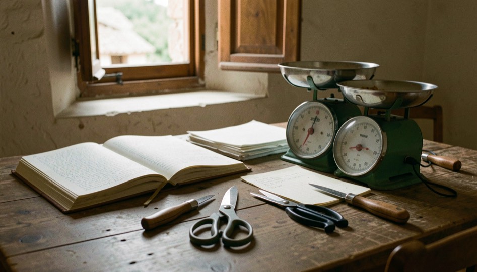 Mesa de trabajo de la redacción con cuadernos de campo abiertos, tijeras de podar limpias, una balanza de cocina y la ventana de la masía al fondo