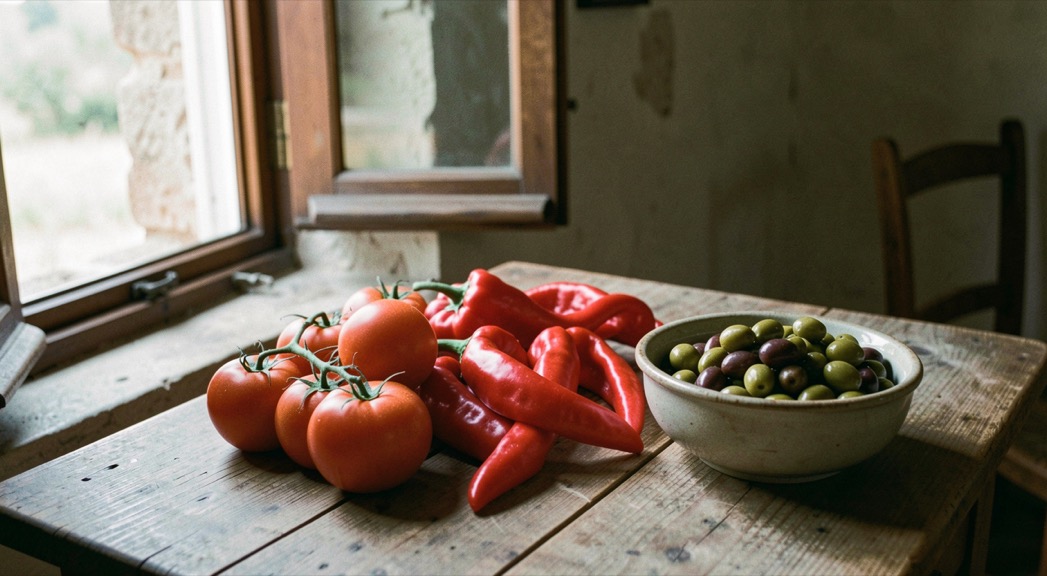 Mesa de madera con tomates de huerta maduros, pimientos rojos torcidos y un cuenco de aceitunas aliñadas junto a la ventana abierta de la masía