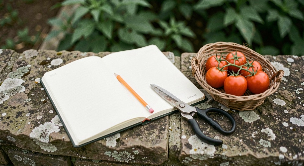Cuaderno de notas abierto sobre un banco de piedra con un lápiz corto, unas tijeras de podar y un hatillo de tomates recién cogidos de la huerta
