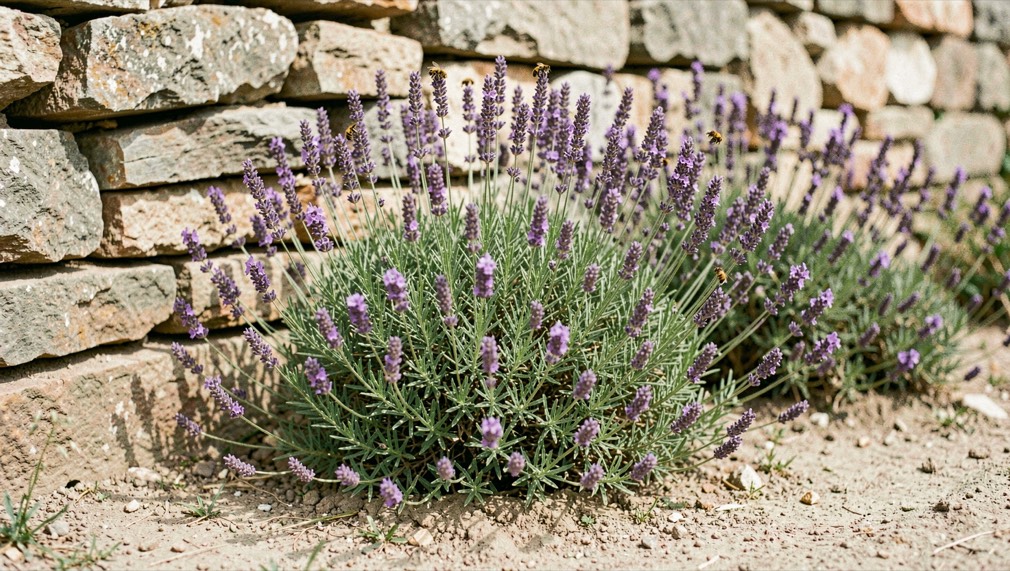 Matas de romero y lavanda en flor apoyadas en un muro de piedra seca, abejas sobre las espigas lilas y tierra clara sin riego en una mañana de junio