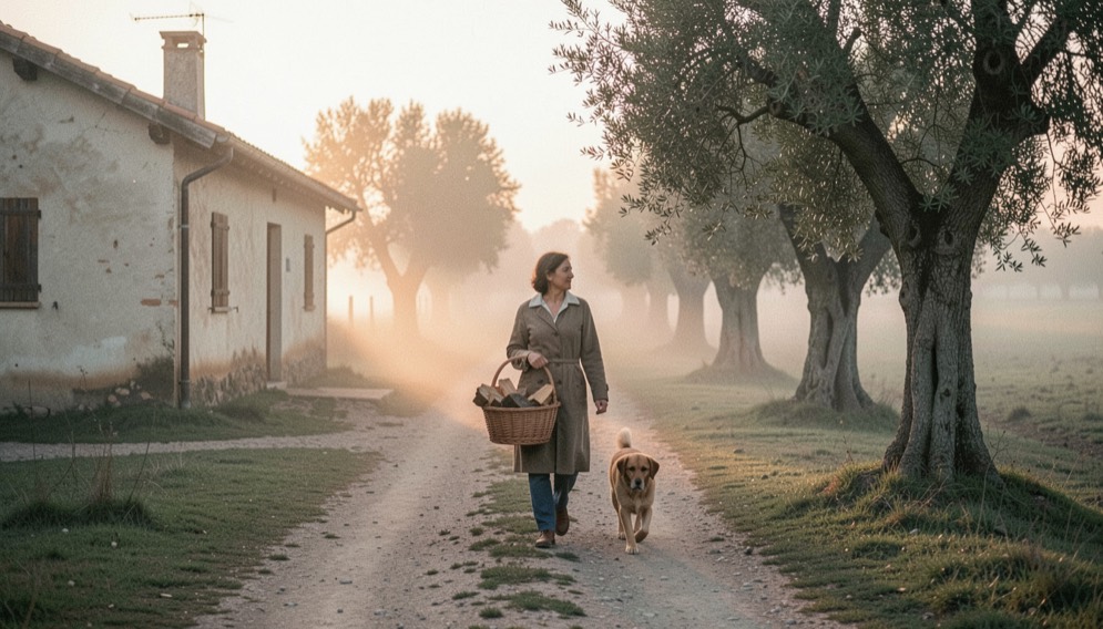 Mujer con cesta de leña caminando por un camino de tierra entre dos casas de campo encaladas al amanecer, perro a los pies y neblina baja entre los olivos